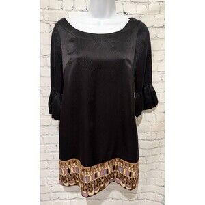 Alice And Trixie Silk Black Shirt Dress Printed Bottom 3/4 Sleeve Size XS